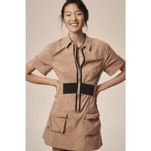 Anthropologie MAEVE Short-Sleeve V-Neck Front-Zip Cargo Mini Dress Beige S NWT